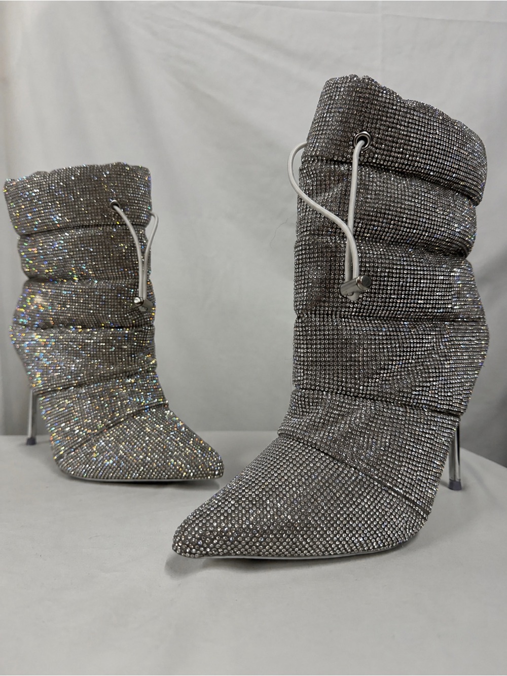 Steve Madden Crystal-Embellished Silver Pointed-Toe Ankle Boots